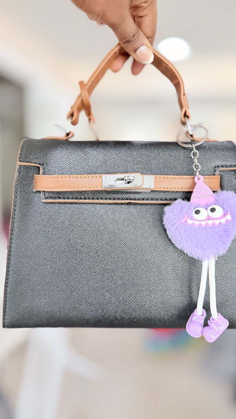 Minimalist Two-Tone Faux Leather Structured Top Handle Handbag with Purple Monst